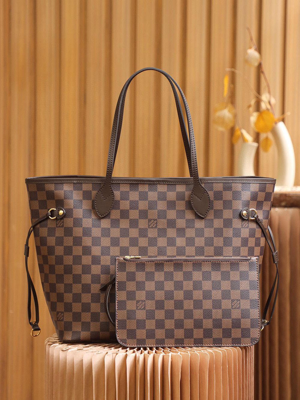 Louis Vuitton Neverfull MM Bag Damier Ebene with Gold Hardware