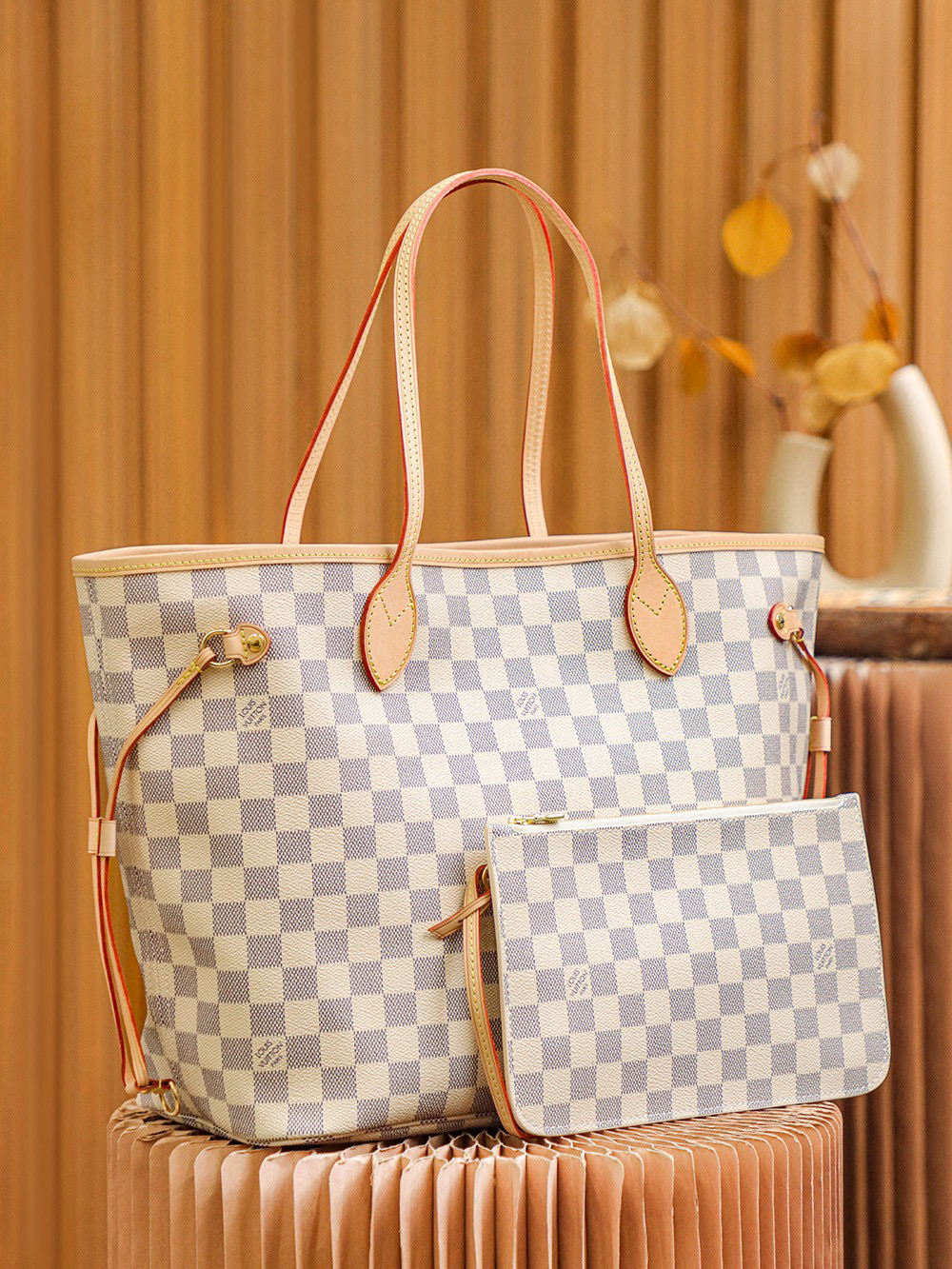 Louis Vuitton Neverfull MM Bag Damier Azur with Gold Hardware