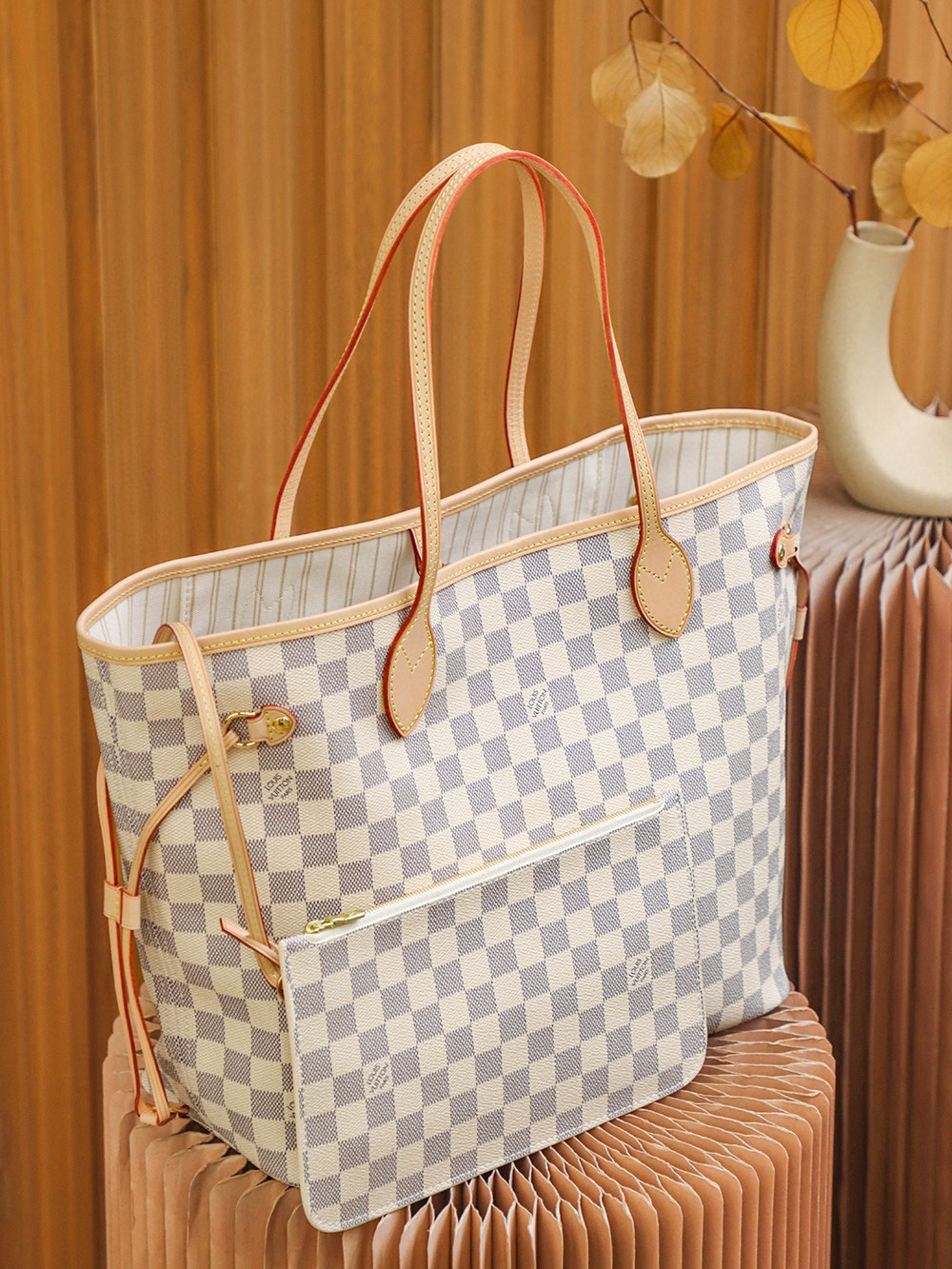 Louis Vuitton Neverfull MM Bag Damier Azur with Gold Hardware